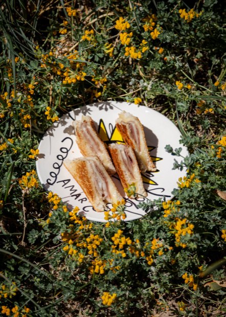 Bikinis tostados cortados en dedos sobre un plato pintado a mano de AMAR, entre flores amarillas.