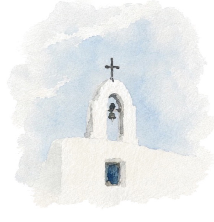 Acuarela de la espada&ntilde;a de la iglesia del Pilar de la Mola: un campanario blanco con su campana y una cruz de hierro contra un cielo azul p&aacute;lido.