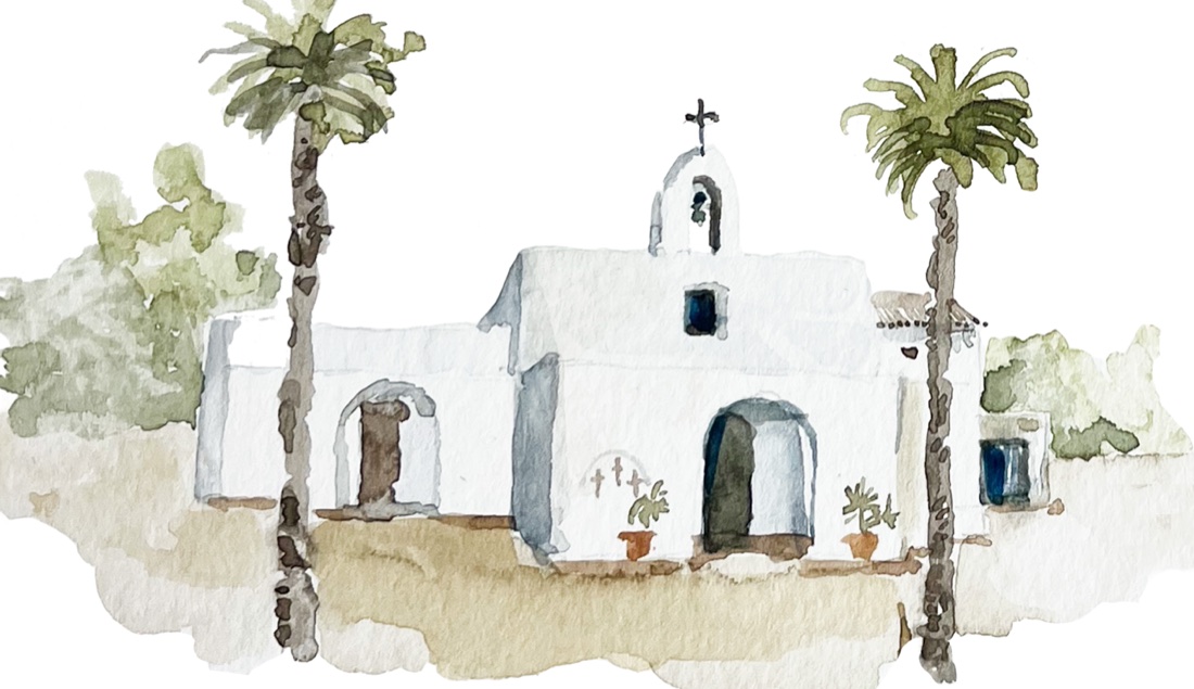 Acuarela de la iglesia de Nuestra Se&ntilde;ora del Pilar de la Mola, entre dos palmeras.